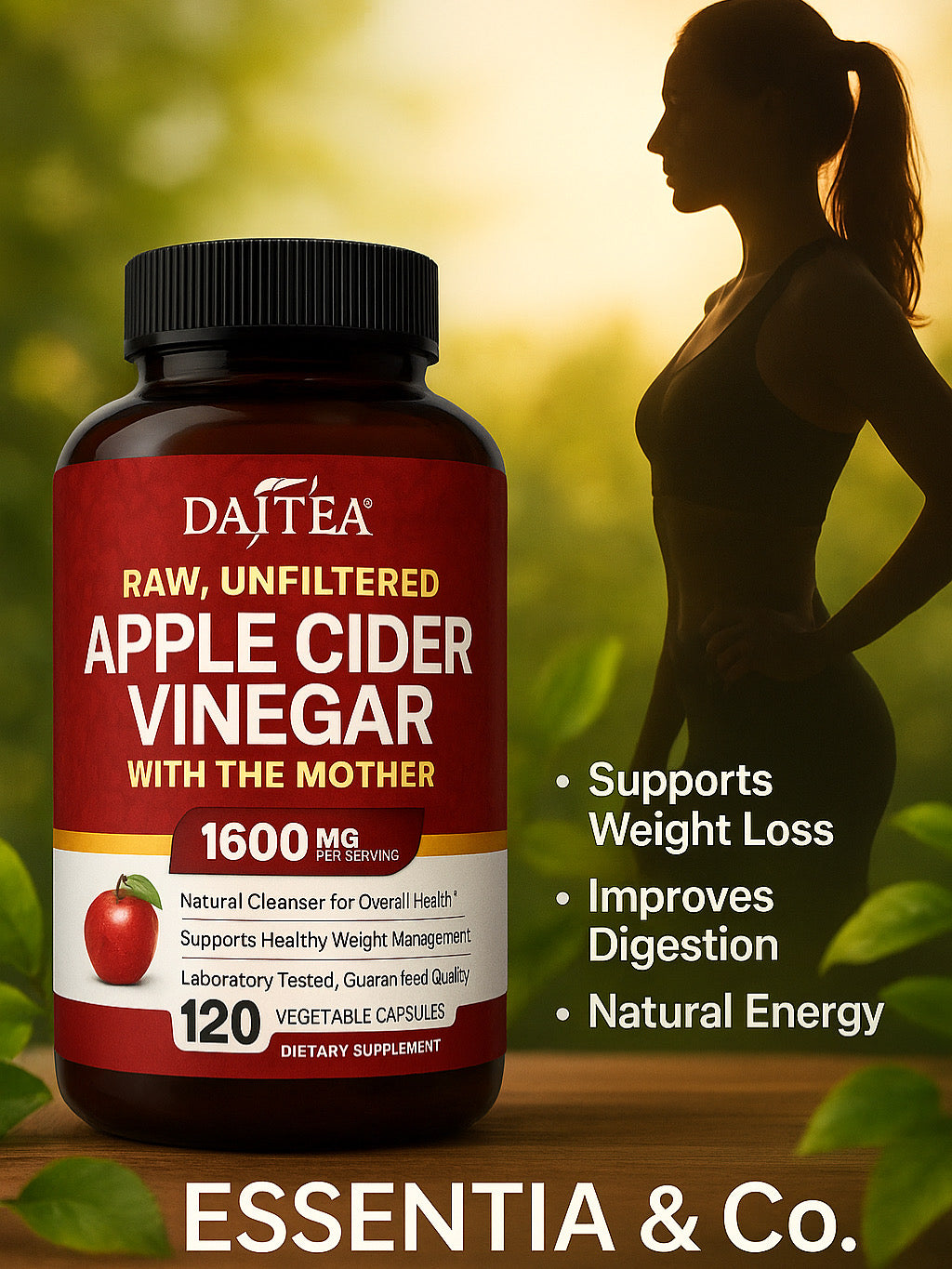 Daitea Raw Organic Apple Cider Vinegar - Gut Health, Digestion, Detox & Cleanse, Immune Supplement, Natural Vegetarian Capsules
